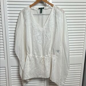 white embroidered tunic top by Lauren Ralph Lauren, v-line size S to M